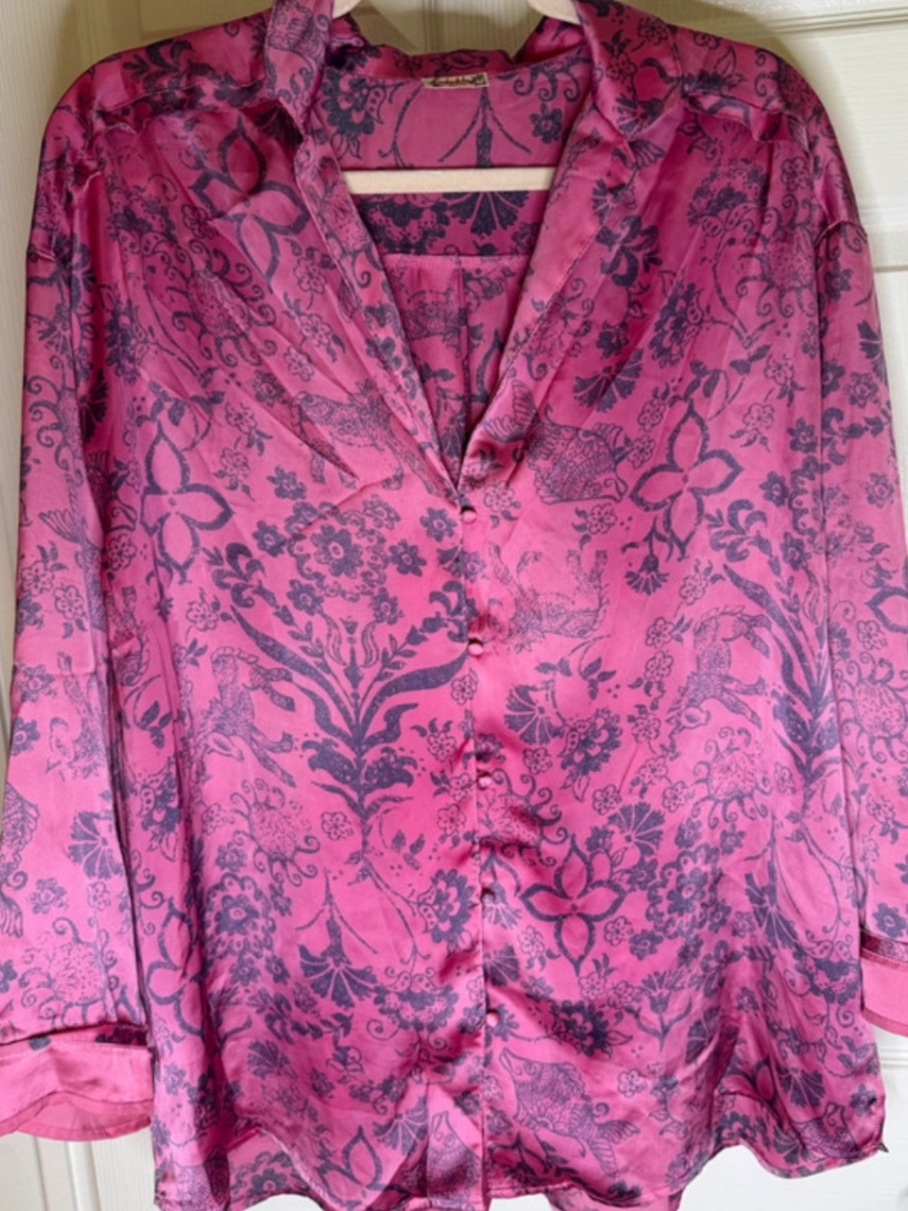 Free People Pink Floral Button-Down Satin Blouse TOP ONLY